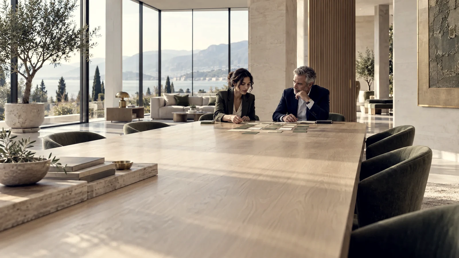 Two executives working through a plan across a long table, a coastline beyond the glass.