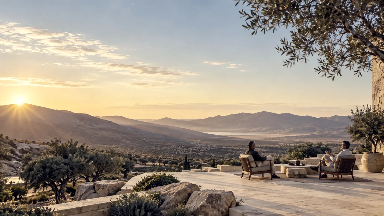 Two leaders in conversation on a stone terrace at sunrise, olive groves and mountains below.
