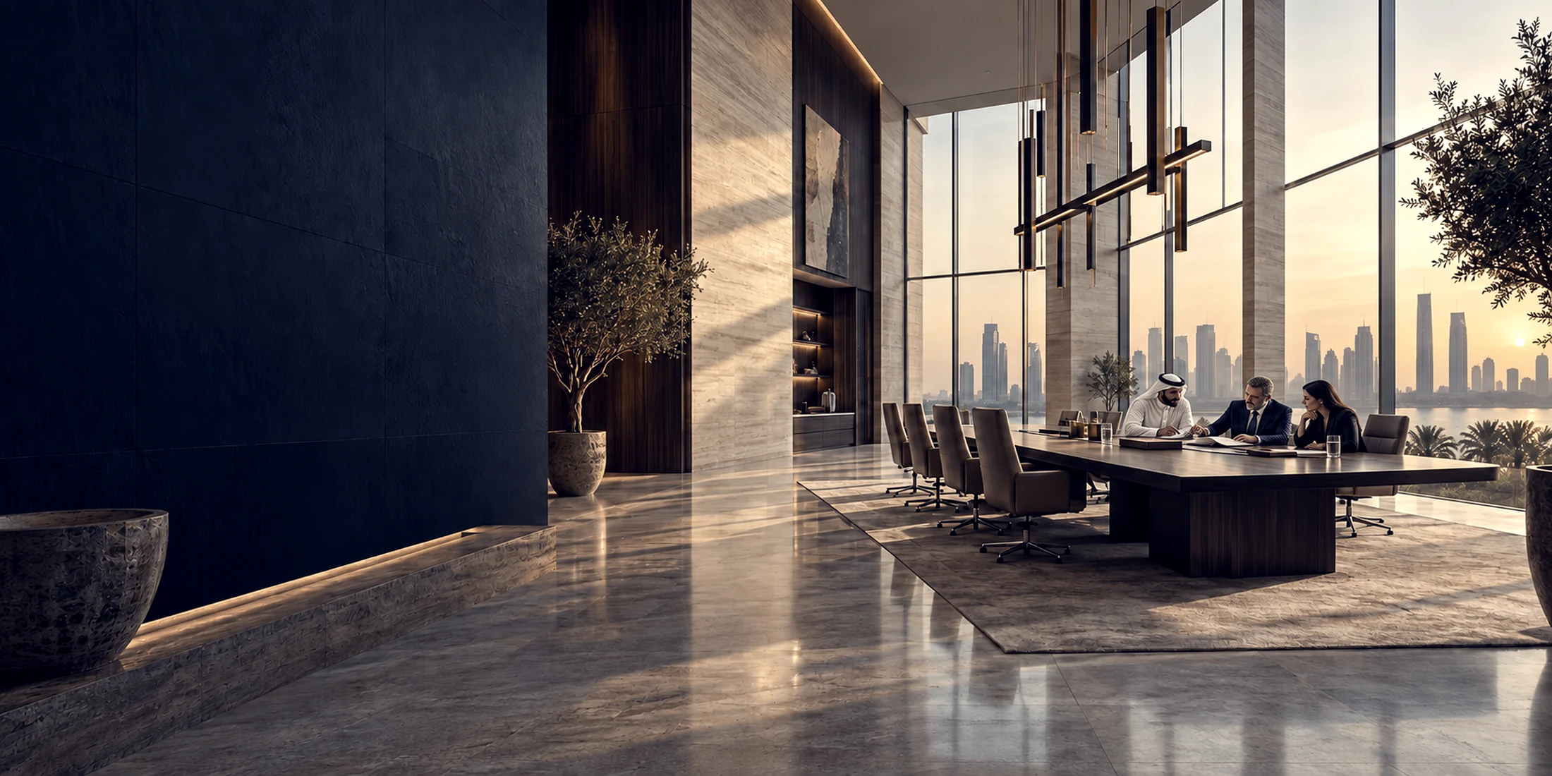Directors and advisers at a boardroom table at sunset, Gulf city skyline beyond the glass