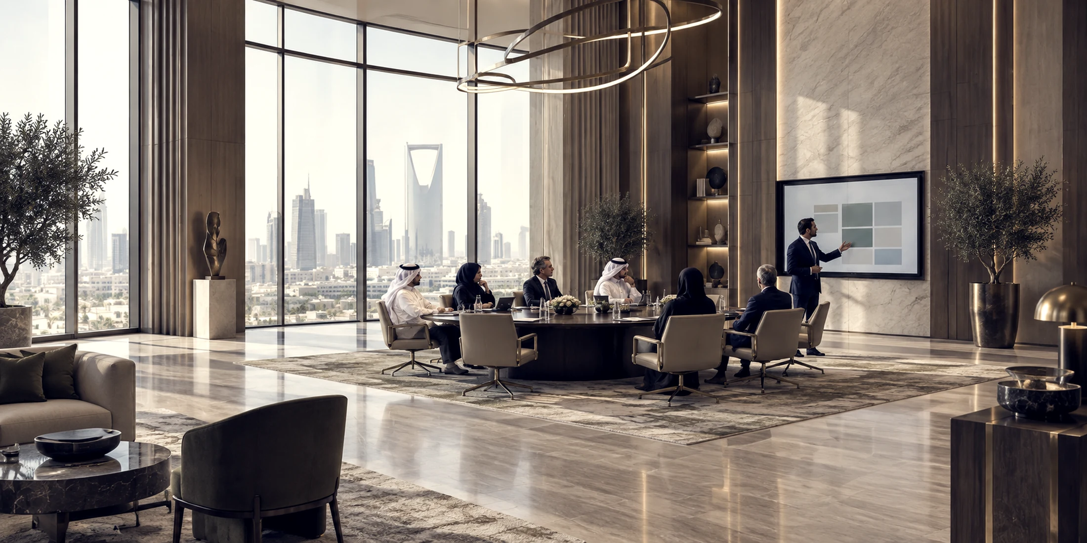 Executives around a round boardroom table in Riyadh, Kingdom Centre on the skyline beyond